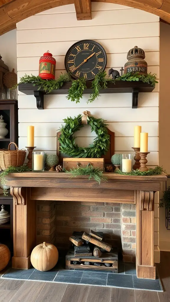 23+ Stunning Farmhouse Fireplace Decor Ideas to Transform Your Home 8 A rustic farmhouse fireplace mantel decorated with greenery, candles, a clock, and seasonal decor.