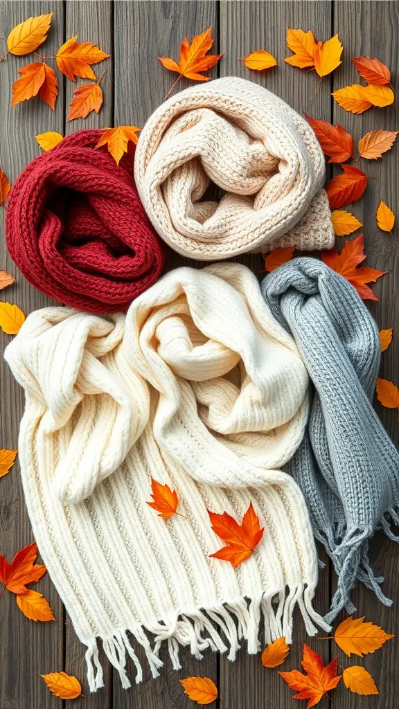 37+ Charming Fall Sewing Projects to Cozy Up Your Home 7 An assortment of cozy knit scarves in red, cream, gray, and white, surrounded by autumn leaves on a wooden surface.