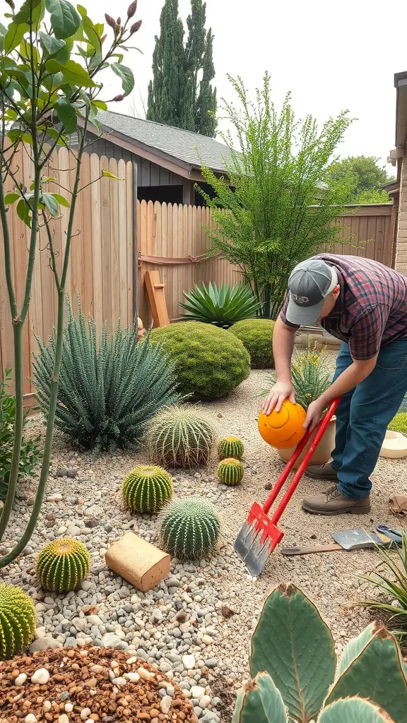 27+ Creative Xeriscape Landscaping Ideas for a Sustainable Garden 16 A person tending to a xeriscape garden with various drought-resistant plants.