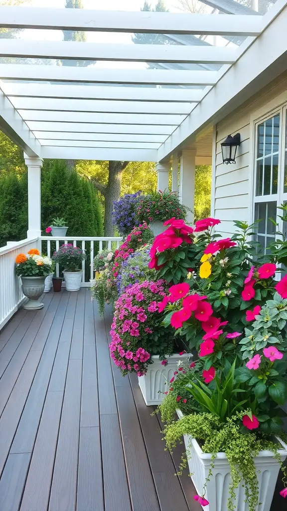 21+ Must-Have Features for Your Covered Deck Oasis 9 A covered deck with colorful flower planters and a wooden floor.