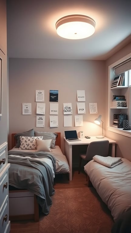 17 Stylish Small Dorm Room Ideas for Limited Spaces 10 A small dorm room featuring two beds, a desk, and wall art, showcasing innovative room divider ideas.