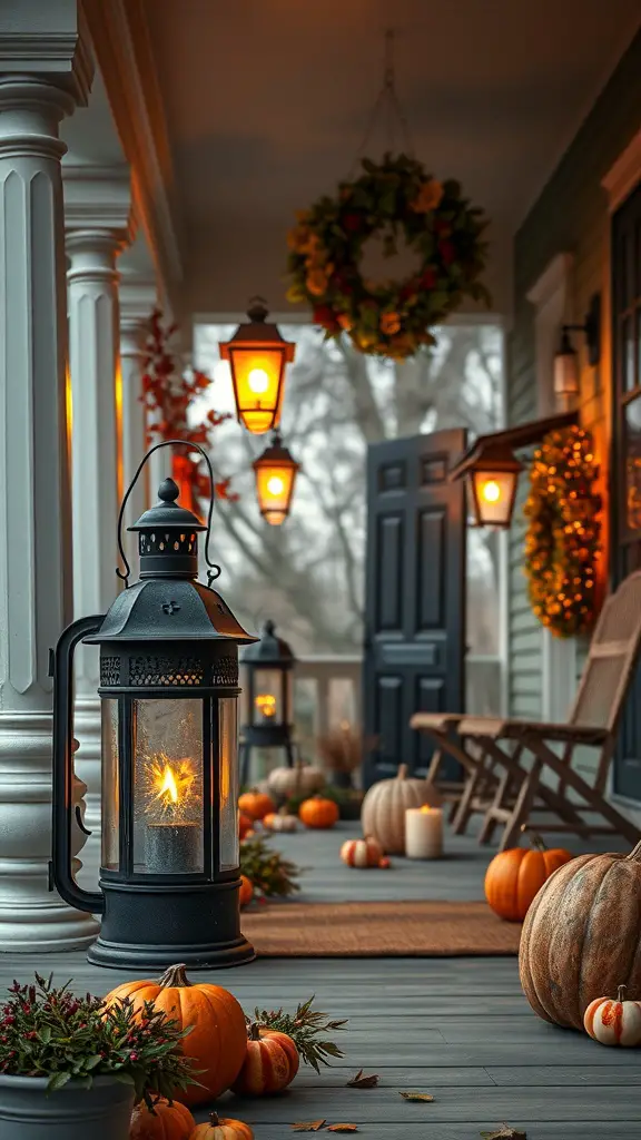 A cozy porch decorated with vintage lanterns, pumpkins, and autumn foliage.