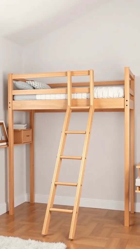 A wooden loft bed with a ladder and guardrails, showcasing a safe design for adults.