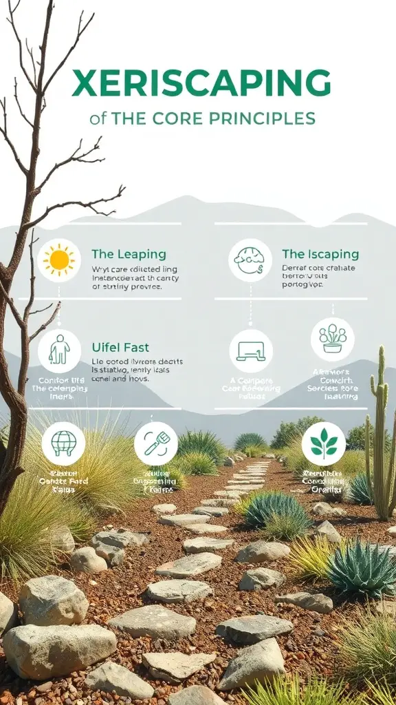 27+ Creative Xeriscape Landscaping Ideas for a Sustainable Garden 5 An infographic illustrating the core principles of xeriscaping, including planning, drainage, native plants, organization, and community.