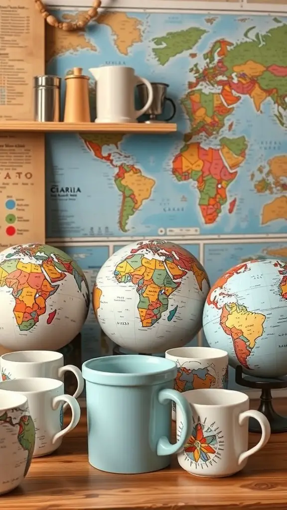 27 Creative Coffee Station Ideas You’ll Love 12 A travel-themed coffee station featuring a world map, globes, and colorful mugs.