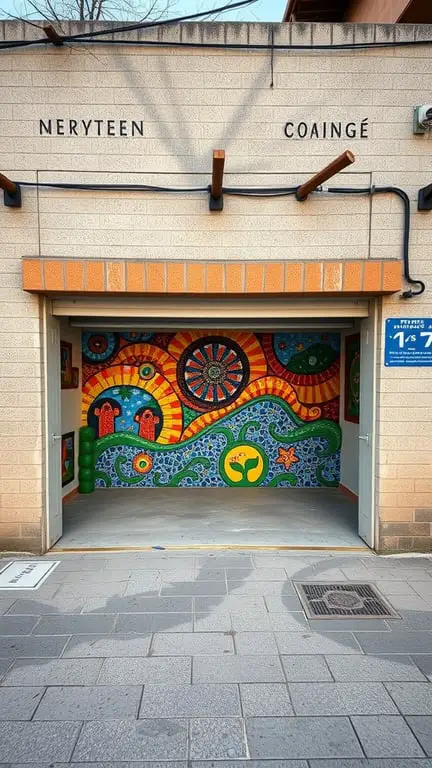 25+ Creative Garage Art Ideas to Transform Your Space 11 A colorful mosaic mural on a garage wall featuring swirling patterns and vibrant designs.