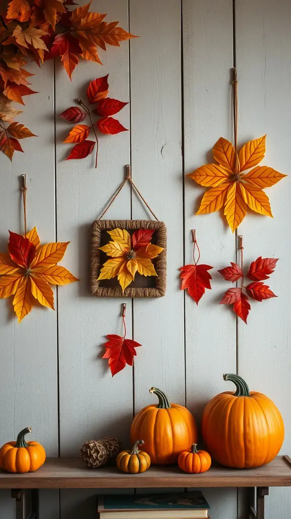 37+ Charming Fall Sewing Projects to Cozy Up Your Home 10 A cozy autumn-themed wall display featuring colorful leaves and pumpkins.