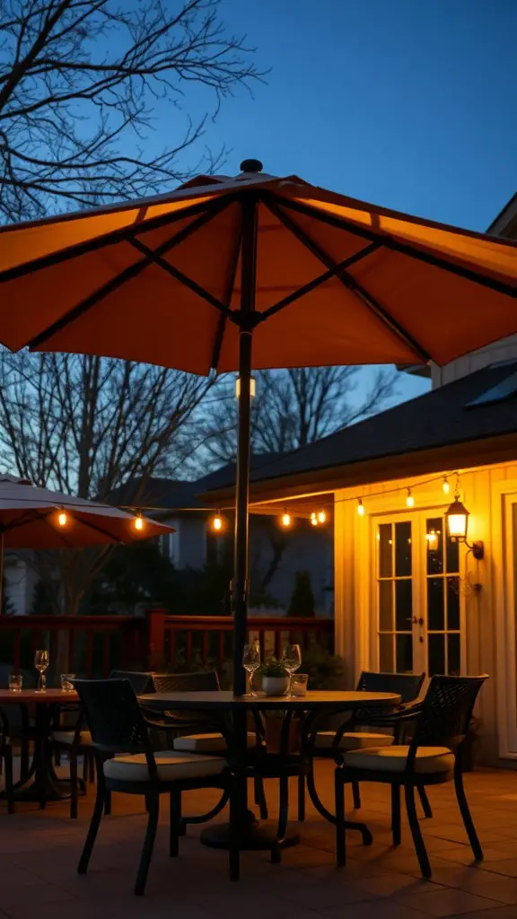 17+ Creative Patio Umbrella Ideas for Your Outdoor Space 10 A patio with an LED lighted umbrella, showcasing a warm glow in the evening.