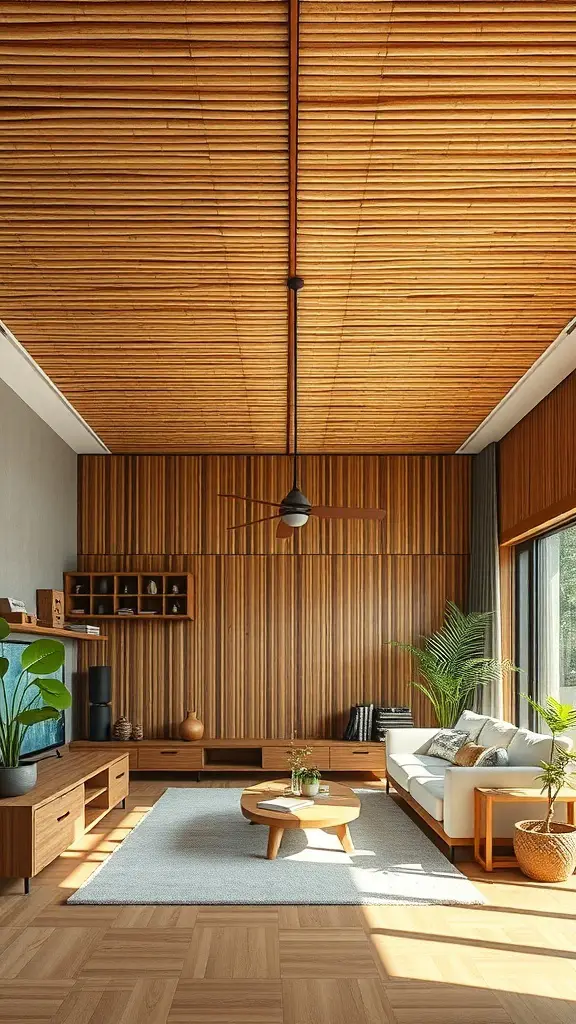 A cozy living room featuring bamboo ceiling panels, showcasing a warm and inviting atmosphere.
