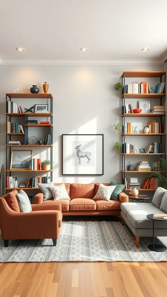 A cozy living room with whimsical shelving solutions, featuring a mix of books, plants, and decor.