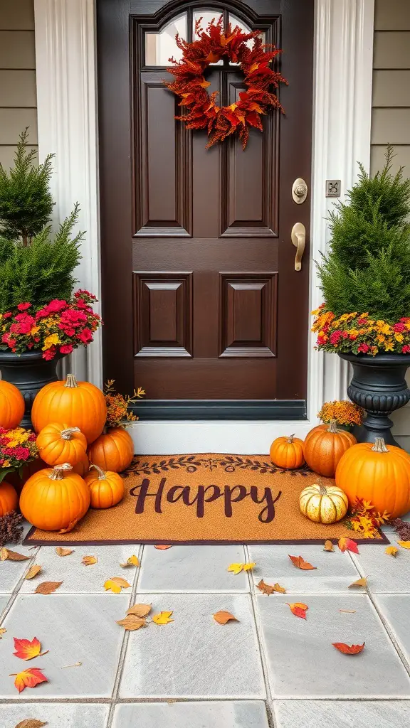 23+ Charming Fall Door Decorations to Welcome the Season 12 A fall-themed door mat with the word 'Happy', surrounded by pumpkins and colorful flowers.