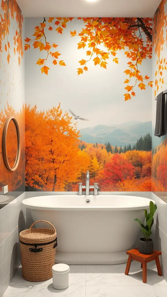 21+ Charming Fall Bathroom Decor Ideas to Transform Your Space 3 A bathroom featuring a nature-inspired mural with orange leaves and mountains.
