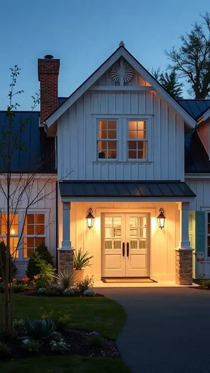29+ Inspiring Modern Farmhouse Exterior Ideas 11 Modern farmhouse exterior with chic lighting fixtures illuminating the entrance.
