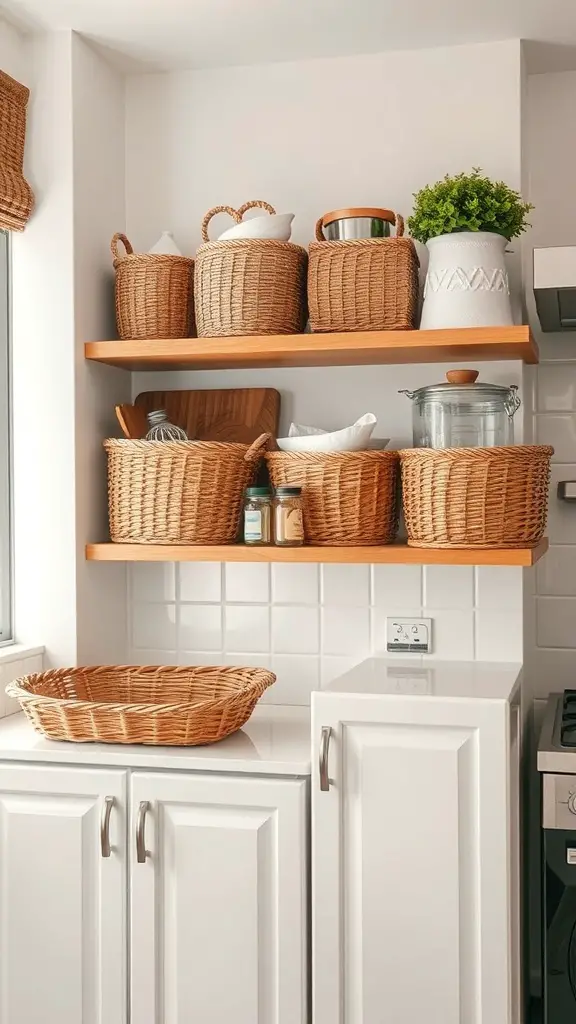 27+Creative Ideas for Decorating Space Above Kitchen Cabinets 6 Stylish wicker baskets on shelves above kitchen cabinets, featuring a mix of sizes and a potted plant for decoration.