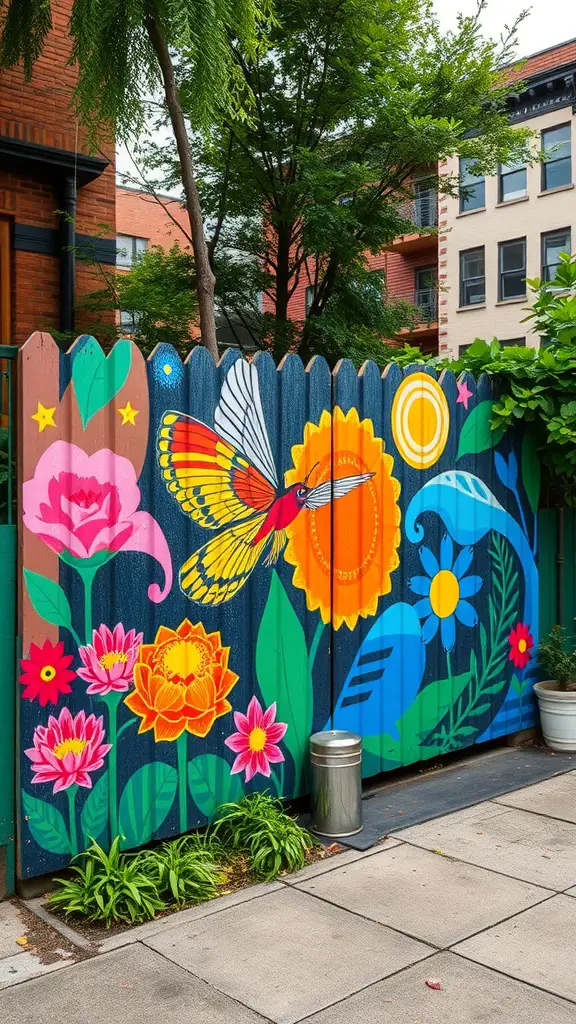 23+ Creative Small City Backyard Ideas for Your Outdoor Space 5 A colorful mural on a wooden fence featuring flowers and a butterfly in a small city backyard.