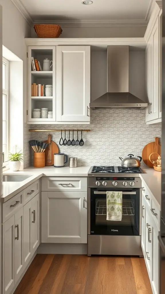 A small cottage kitchen featuring integrated appliances, light cabinetry, and open shelving.
