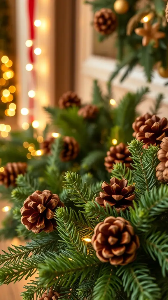 27+ Rustic Farmhouse Christmas Decor Ideas You’ll Love 11 Close-up of pinecones and greenery for rustic farmhouse Christmas decor