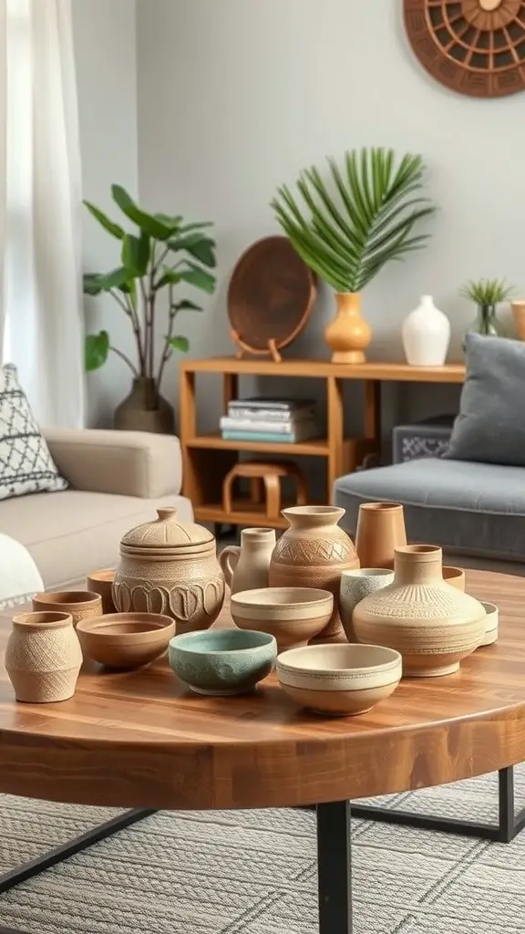 A collection of handmade pottery pieces arranged on a wooden coffee table in a cozy living room setting.