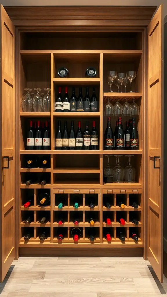 25+ Creative Built-In Pantry Cabinet Wall DIY Ideas 16 A wooden pantry cabinet with built-in wine storage, showcasing wine bottles and glasses.