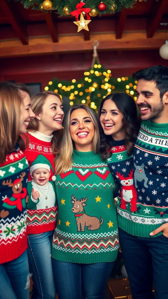 21+ Fun Winter Birthday Party Ideas for All Ages 13 A group of friends wearing festive sweaters, smiling and celebrating together in a cozy setting.