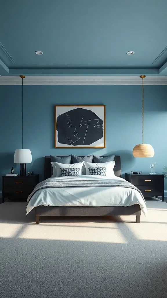 A modern bedroom featuring light blue walls, dark furniture, and warm accents.