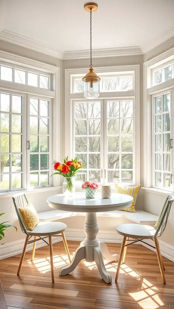 Bright and airy breakfast nook with large windows, a round table, and cozy seating.
