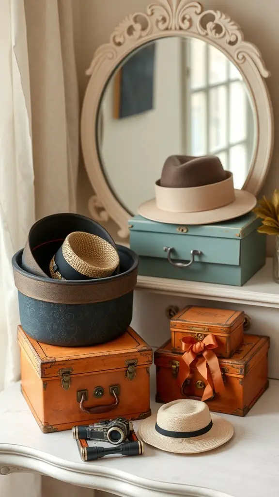 27+ Creative Vanity Organization Ideas You’ll Love 15 A collection of vintage hat boxes in various colors and sizes, with hats and a camera displayed on a table.