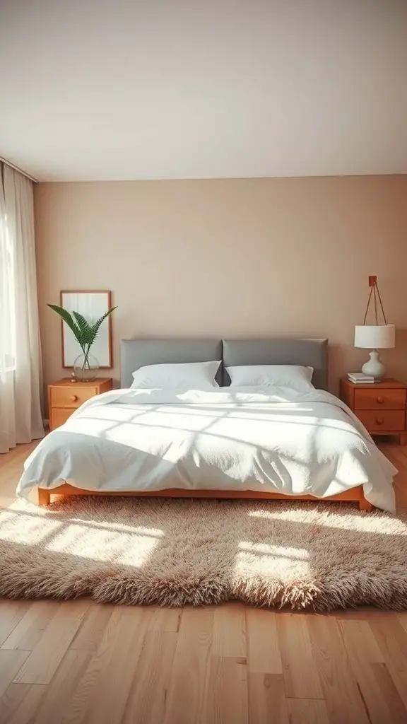 A cozy bedroom featuring a plush rug, wooden floor, and simple decor.