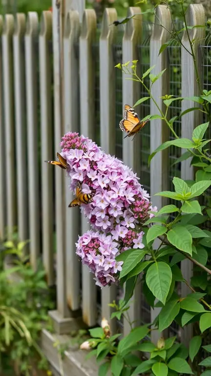 19+ Stunning Backyard Plants to Grow Along Your Fence 13 Butterfly bush with butterflies near a wooden fence