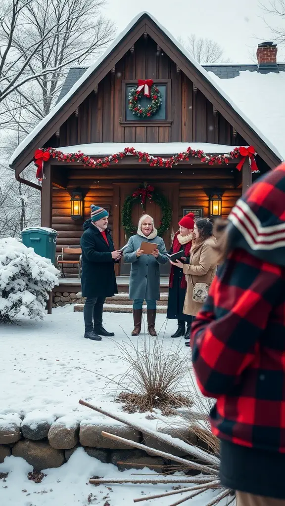 27+ Rustic Farmhouse Christmas Decor Ideas You’ll Love 16 A group of carolers singing in front of a rustic farmhouse decorated for Christmas, surrounded by snow.