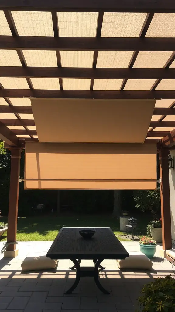 A wooden pergola with a retractable canopy over a patio table and cushions, surrounded by greenery.