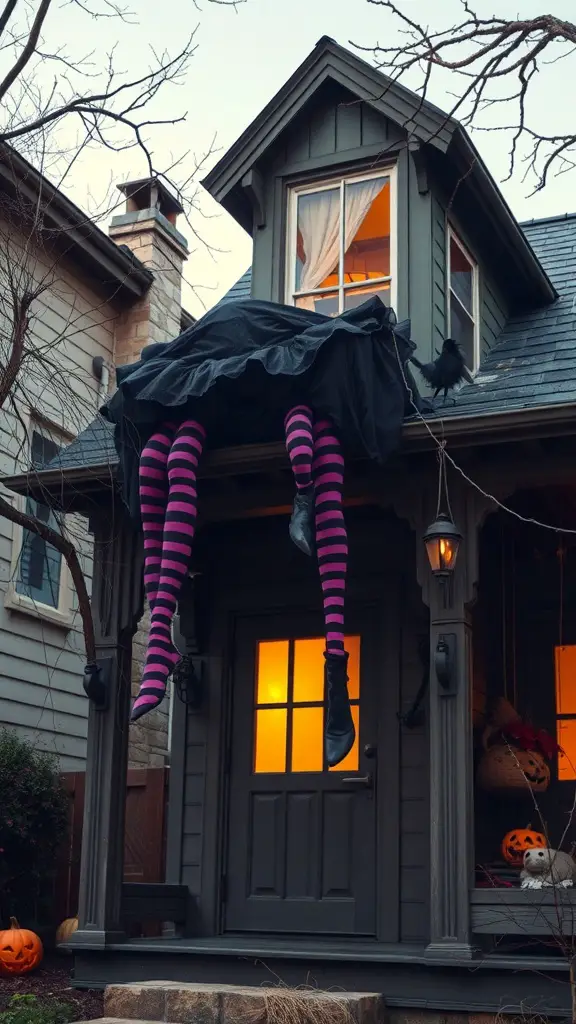 27+ Creative DIY Halloween Decorations You Can Make at Home 16 A house with witch legs hanging from the roof, wearing striped stockings and black boots, with a spooky atmosphere.