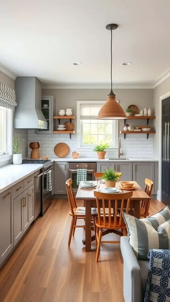 23+ Creative Bloxburg Kitchen Ideas to Transform Your Space 5 A family-friendly kitchen with a central table, wooden chairs, and gray cabinets, featuring a child enjoying fruits.
