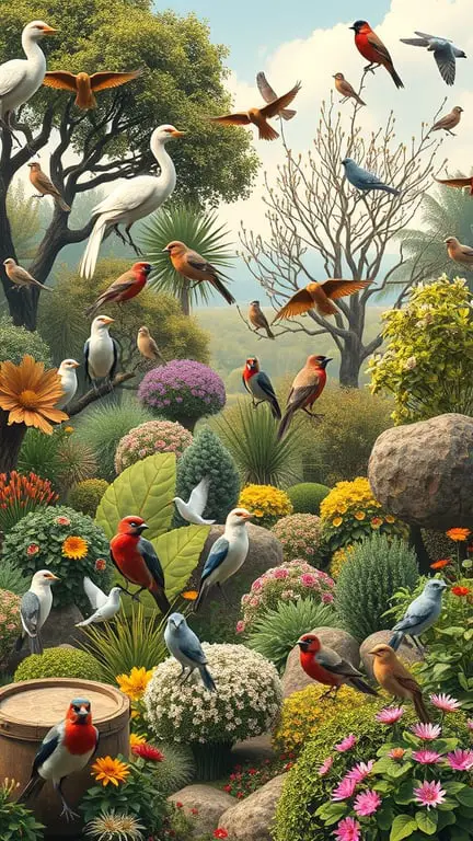 19+ Essential Tips for Creating a Bird-Friendly Garden 9 A colorful bird-friendly garden with various birds, plants, and natural features.