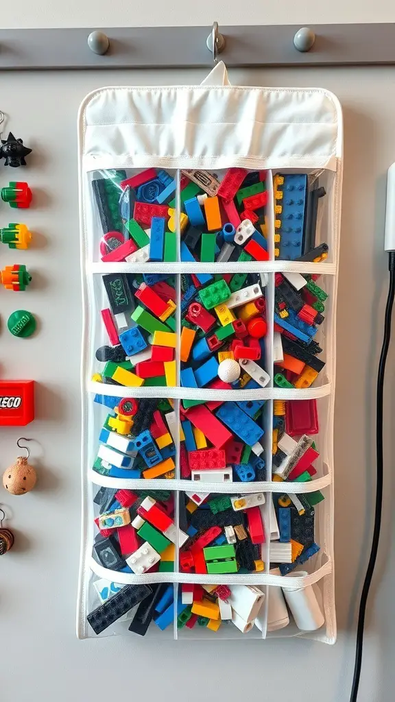 19+ Creative LEGO Organization Ideas for a Tidy Space 10 A hanging organizer filled with colorful LEGO pieces, showcasing a neat and accessible storage solution.