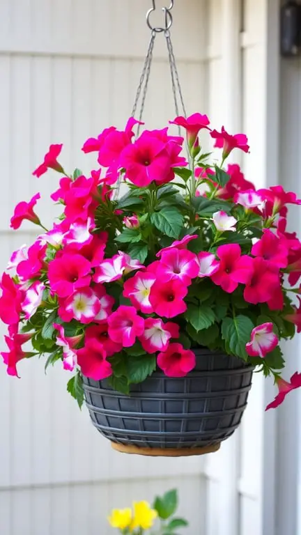 21 Creative Container Garden Ideas for Small Spaces 16 A vibrant hanging basket filled with pink and white petunias.