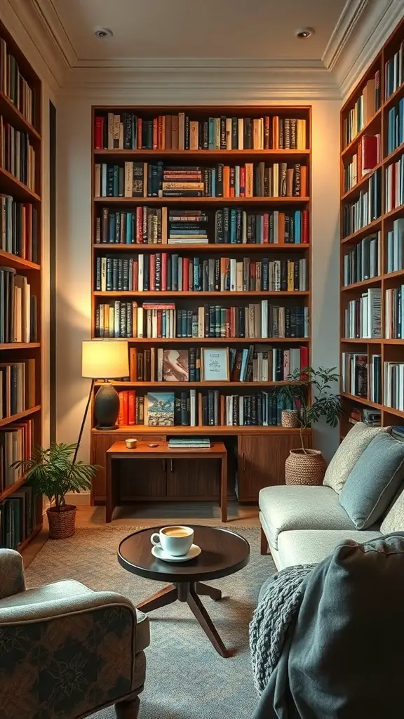 21 Unique Coffee Corner Ideas to Enhance Your Home Decor 14 A cozy coffee nook with bookshelves, a sofa, a coffee table, and warm lighting.