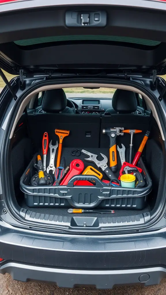 25+ Clever Car Trunk Organization Ideas to Maximize Space 14 A car trunk organized with a toolbox filled with various tools.