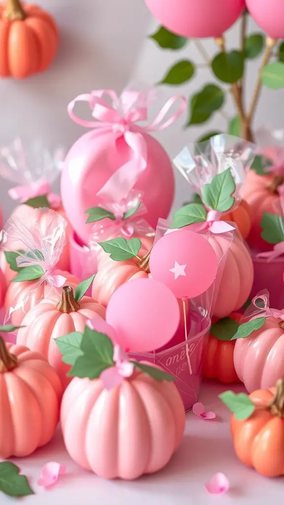 20+ Adorable Pink Pumpkin Baby Shower Ideas 5 A collection of pink pumpkin-themed party favors including mini pumpkins, balloons, and treat bags.