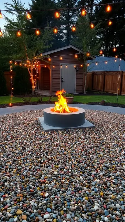 21+ Stunning Firepit Backyard Landscaping Ideas You’ll Love 7 A firepit surrounded by colorful decorative gravel, with string lights overhead.