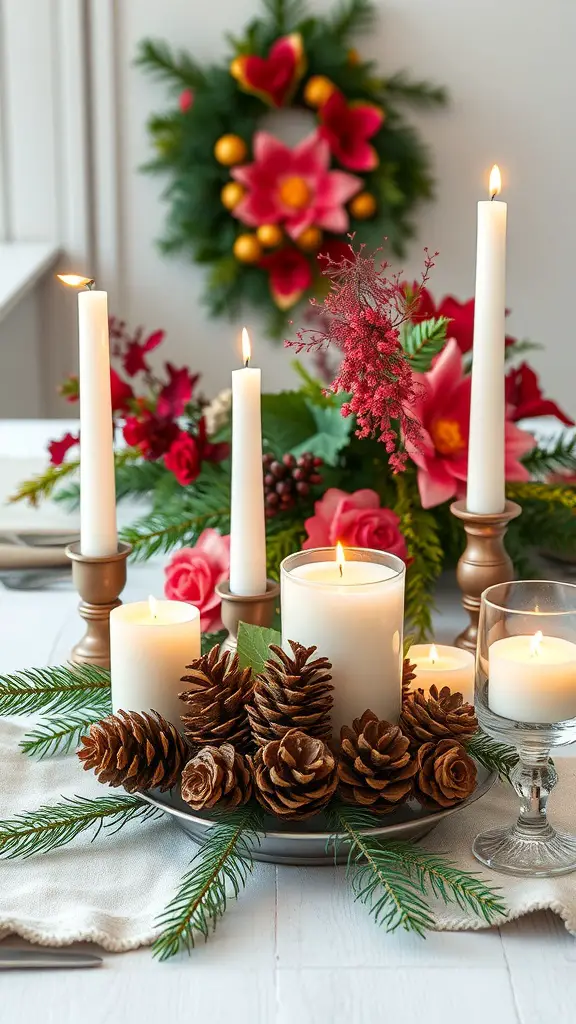 25+ Festive Christmas Craft Ideas to Get You in the Holiday Spirit 12 A festive holiday centerpiece with candles, pinecones, and flowers.