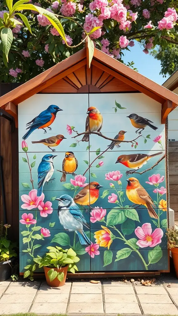 A colorful mural on a garden shed featuring various birds perched among blooming flowers.