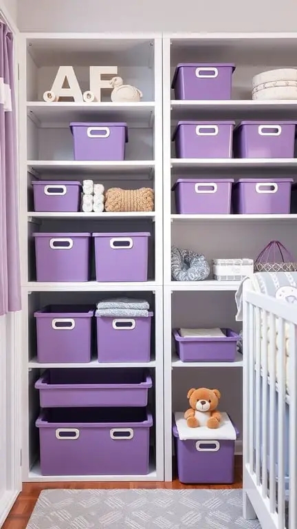 29+ Adorable Purple Nursery Ideas for Your Little One 15 Stylish purple storage bins on white shelves in a nursery