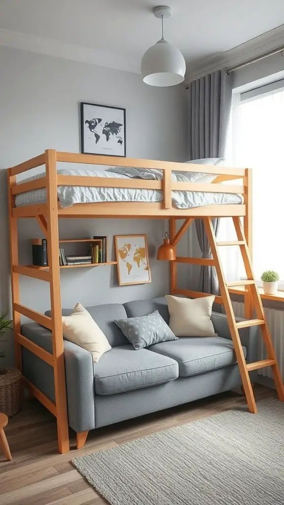 25+ Creative Loft Bed Ideas for Small Rooms 11 A loft bed with a sofa underneath, featuring a wooden frame and decorative pillows.