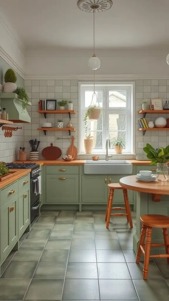 27+ Stunning Sage Green and Wood Kitchen Ideas You’ll Love 12 A cozy kitchen featuring sage green tile flooring, wooden accents, and open shelving with plants.