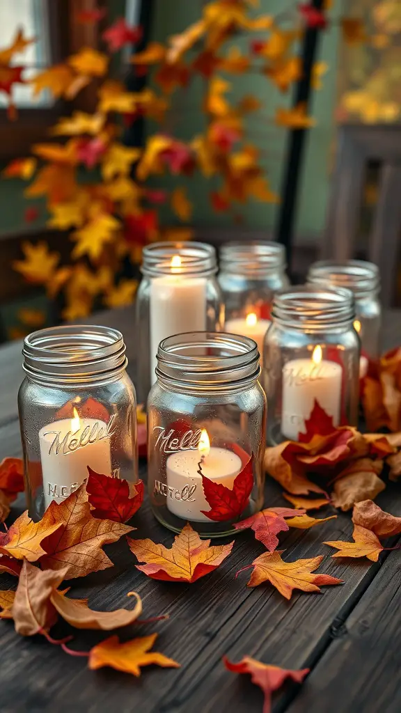 15 Stunning Fall Thanksgiving Decor Ideas You'll Love 7 Mason jars with candles surrounded by autumn leaves on a wooden table