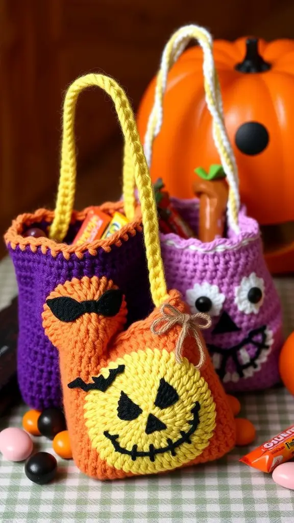23+ Spooktacular Halloween Crochet Ideas You Need to Try 17 Colorful crochet trick-or-treat bags in blue, yellow, and pink with candy scattered around.