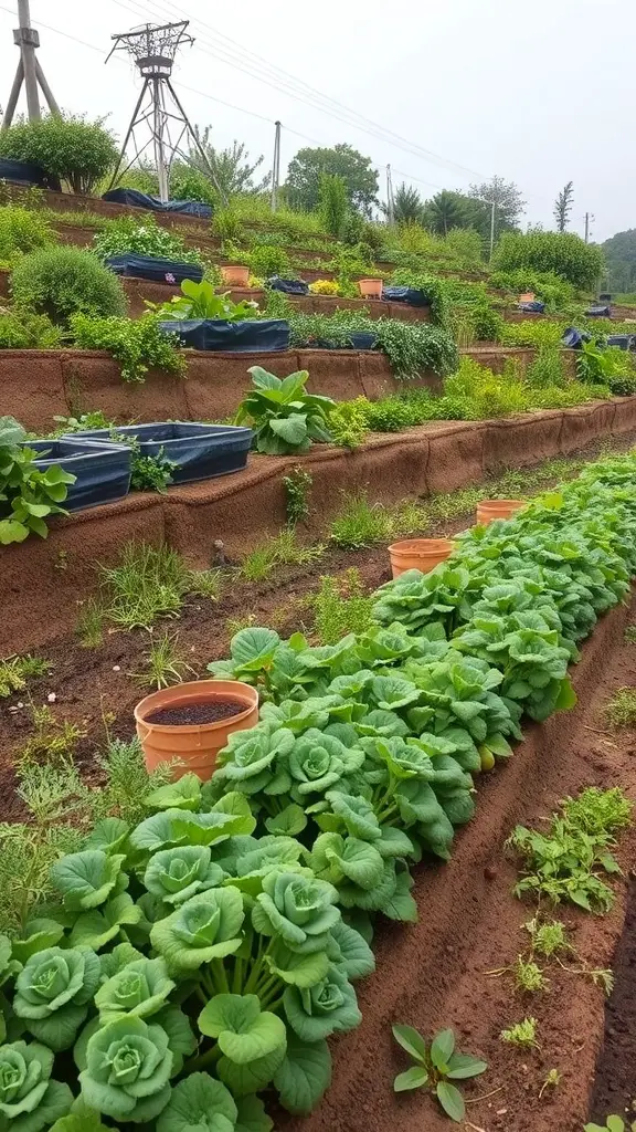 19+ Inspiring Terraced Landscaping Ideas for Your Outdoor Space 15 A terraced vegetable garden with lush green plants and pots.