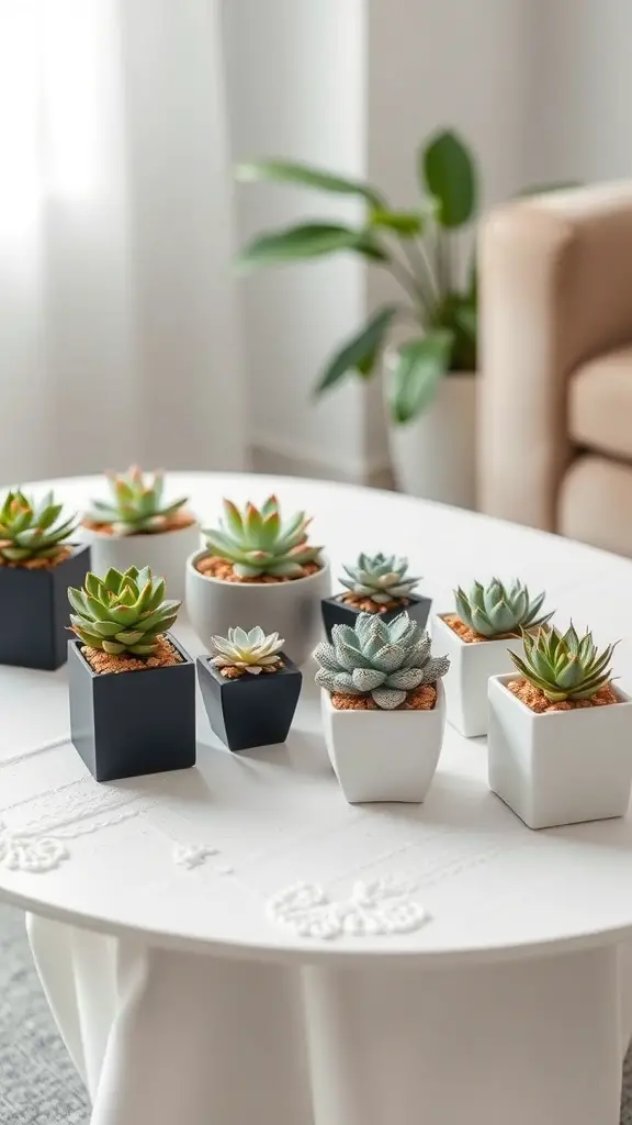 15 Creative Coffee Table Arrangement Ideas to Elevate Your Living Space 4 A minimalist coffee table arrangement featuring various succulents in black and white pots.