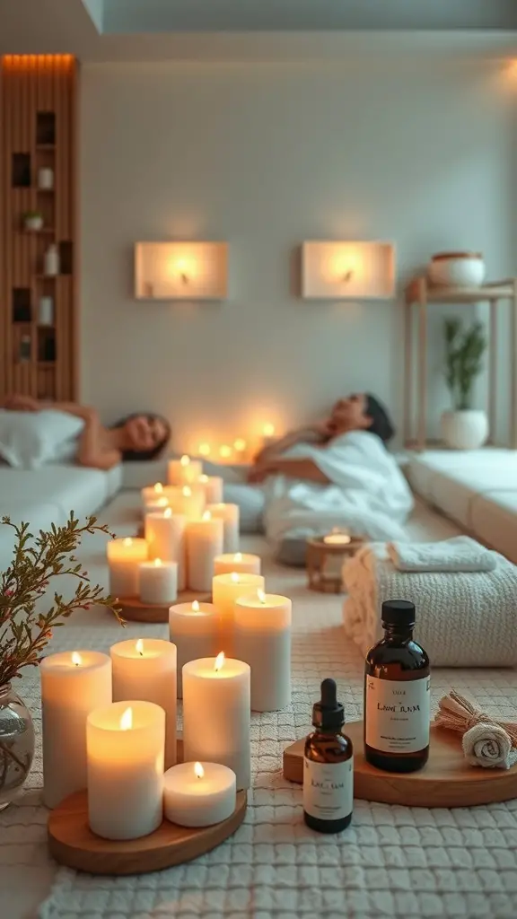 21+ Fun Winter Birthday Party Ideas for All Ages 11 A serene spa setting with candles, essential oils, and two people relaxing.